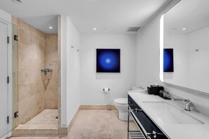 Shower, jetted tub, hair dryer, bidet