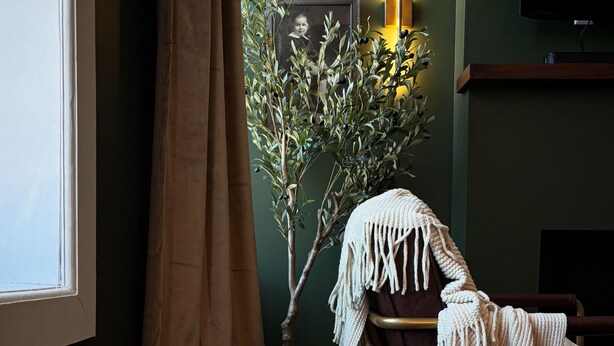 Un salon chaleureux avec un mur vert foncé, une chaise en bois ornée d’un coussin en macramé blanc, une plante en pot et un tableau encadré.
