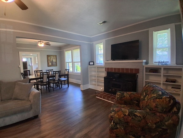 Smart TV, fireplace, books