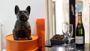 A room with a decorative dog figurine on an orange barrel, a bottle of champagne, two glasses, and a box of chocolates.