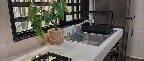 Family Studio | Private kitchen | Fridge, microwave, stovetop, cookware/dishes/utensils