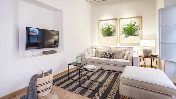 Un salon moderne avec un téléviseur à écran plat, un canapé, une table basse et deux plantes décoratives.