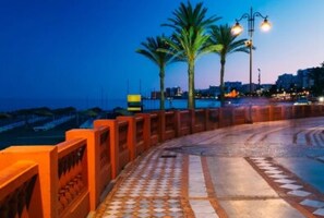 A curved pathway with patterned tiles, palm trees, and street lamps. - Luxury Apartment With Sea View (Benalmádena)