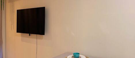 A room with a flat-screen TV mounted on the wall, a dining table with two chairs, and a small plant on the left.