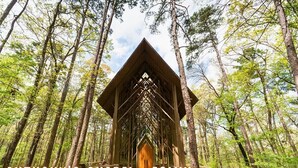 En träkonstruktion i en skog, med en stig som leder fram till den.