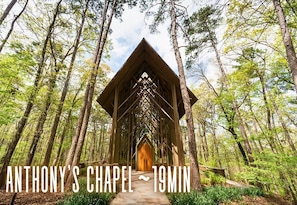 A wooden structure in a forest with a pathway leading to it.