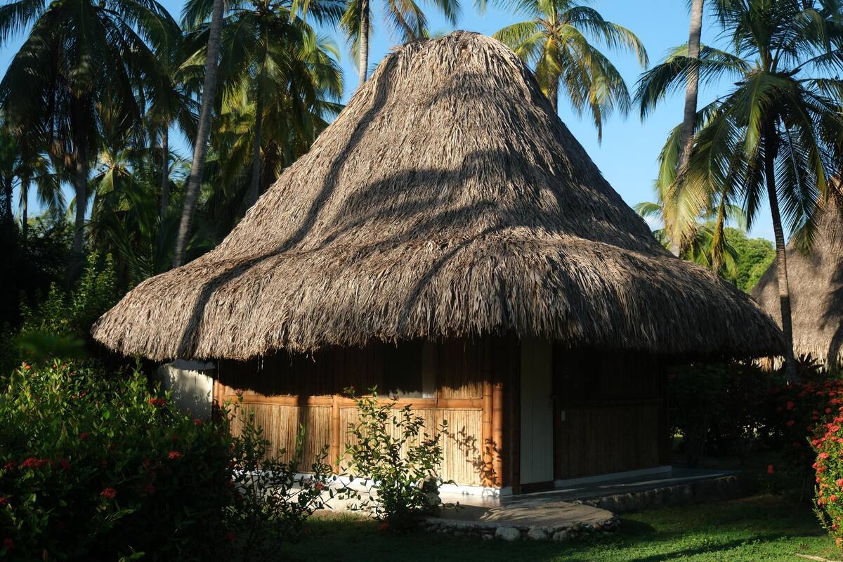 A thatched-roof hut with a wooden door and a small porch, surrounded by lush greenery and palm trees.