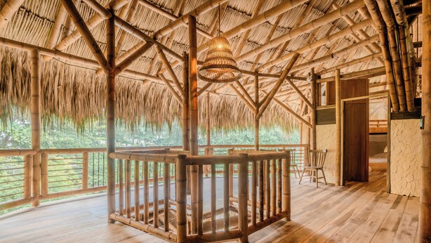 A spacious room with a wooden floor, a thatched roof, and a large window overlooking greenery. - Santuario Playa Bonita (Santa Marta)