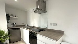 A modern kitchen with a built-in stove, a dishwasher, and a sink.