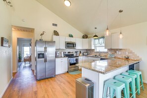 Fridge, microwave, stovetop, dishwasher - Walk to Beach: Gulf-View Home in Surfside Beach! (Surfside Beach)