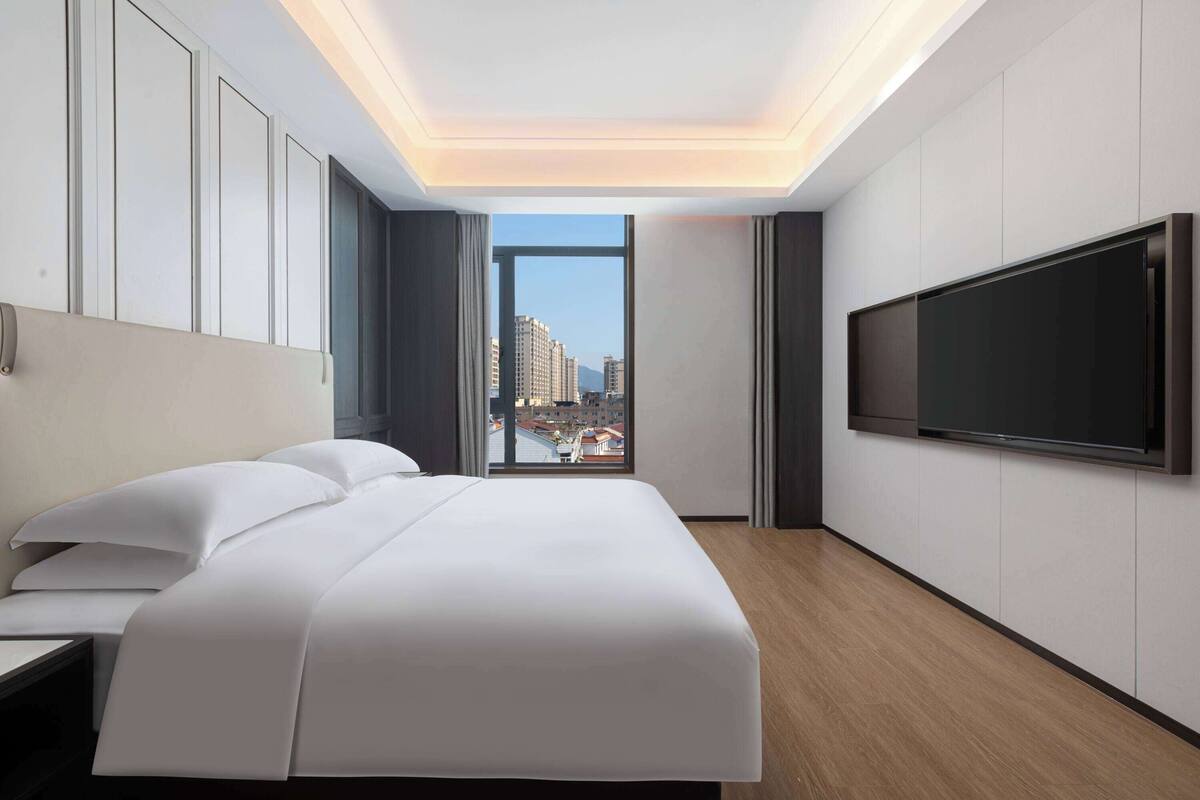A modern hotel room with a large bed, a flat-screen TV mounted on the wall, and a view of the city through a large window.