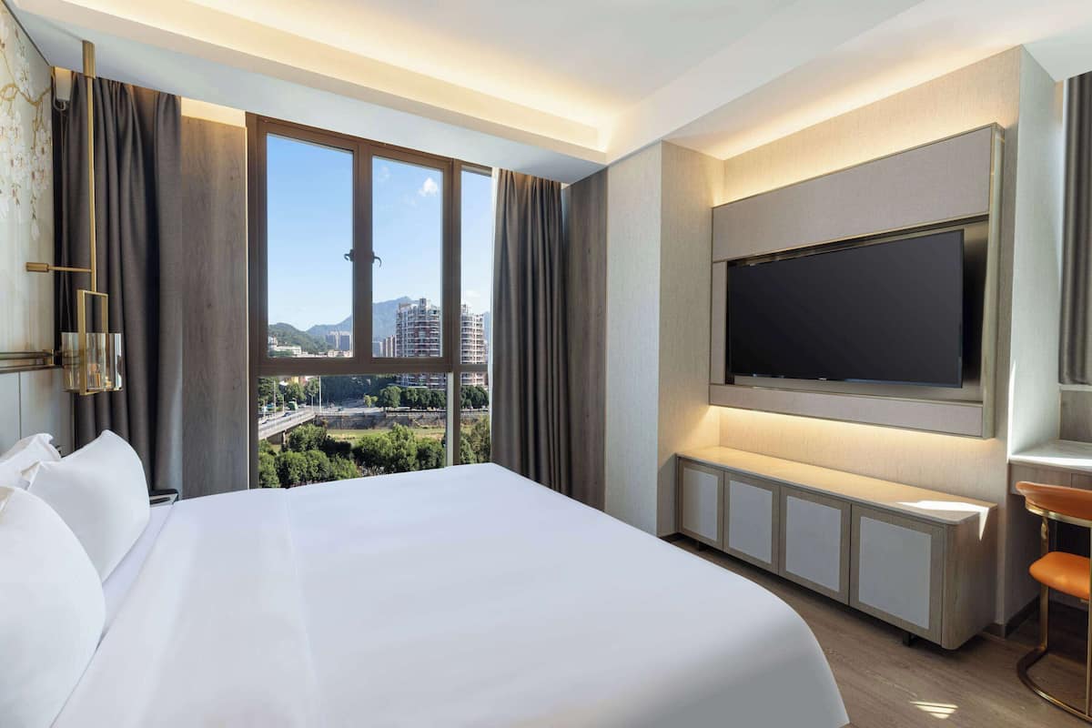 A hotel room with a large bed, a TV mounted on the wall, and a view of the cityscape.