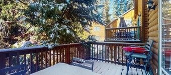 Serene cabin with deck, modern appliances, and fireplace