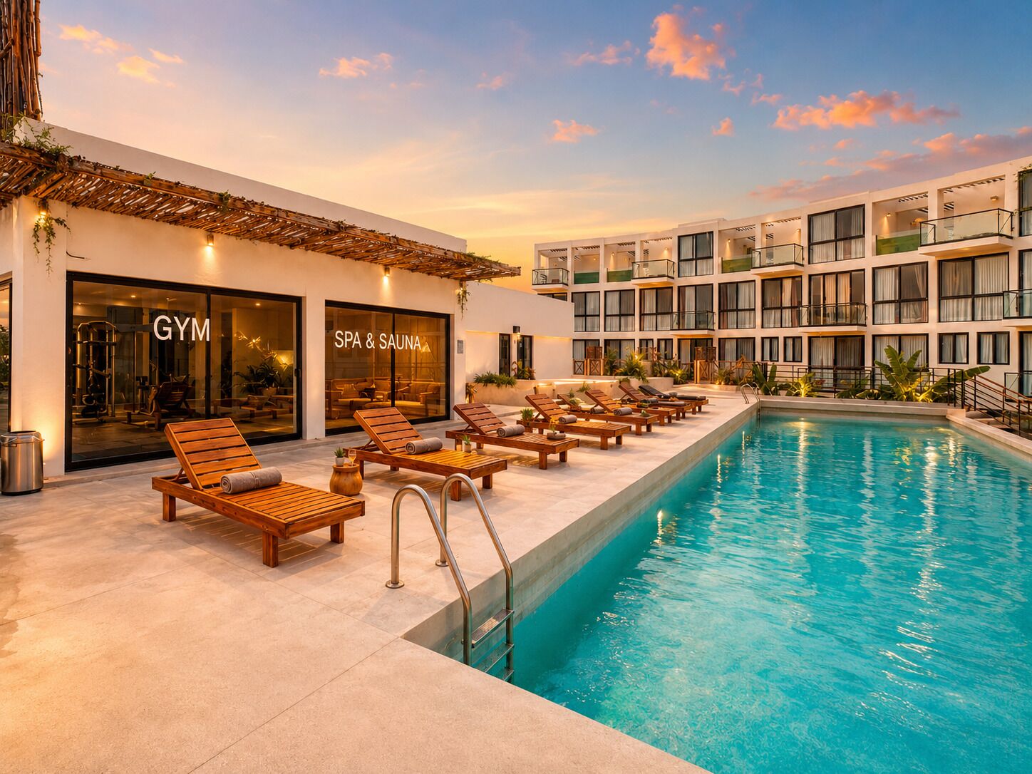 A hotel with a swimming pool, a gym, and a spa.