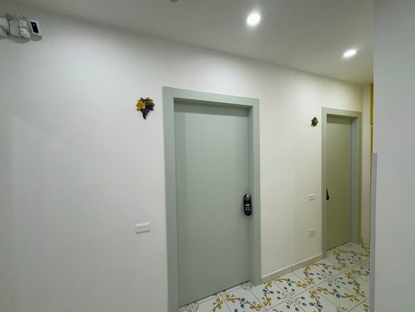 A hallway with two doors, a light switch, and a power outlet on the wall.