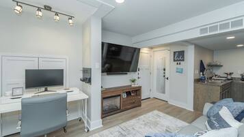 Smart TV, fireplace, books, computer monitors