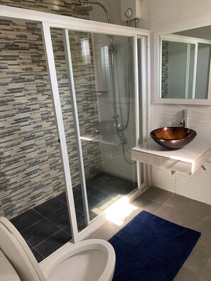 Shower, hair dryer, bidet, towels