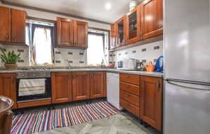 Fridge, stovetop, dishwasher, coffee/tea maker