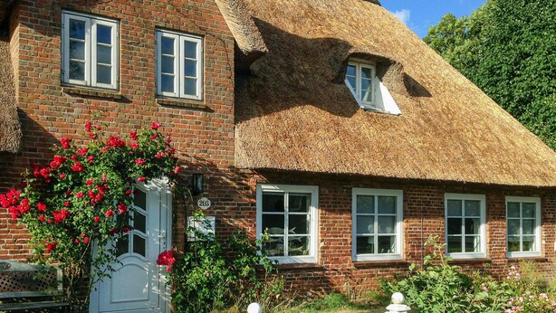 A brick house with a thatched roof and a small garden with red flowers.