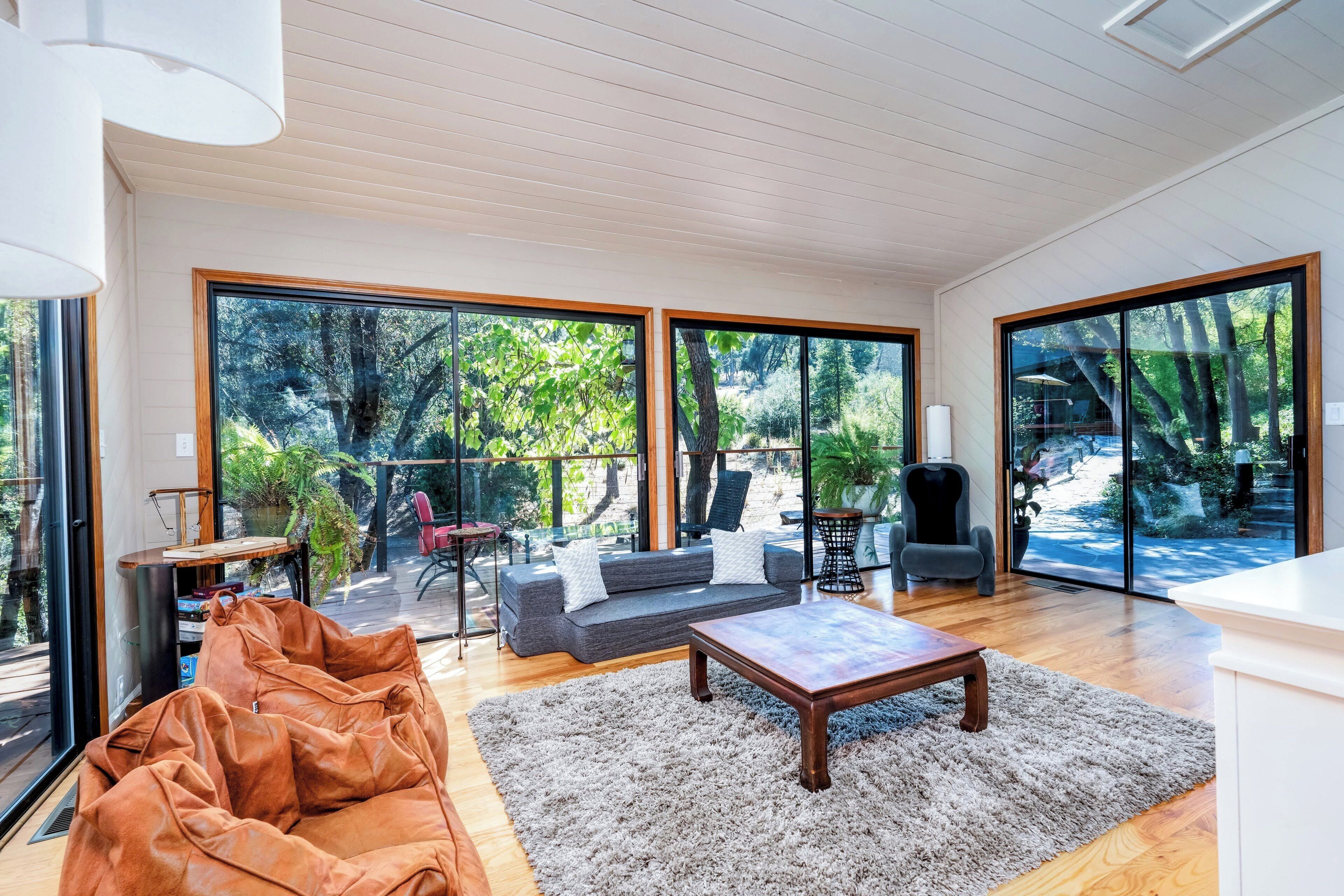 Smart TV, fireplace, table football, books