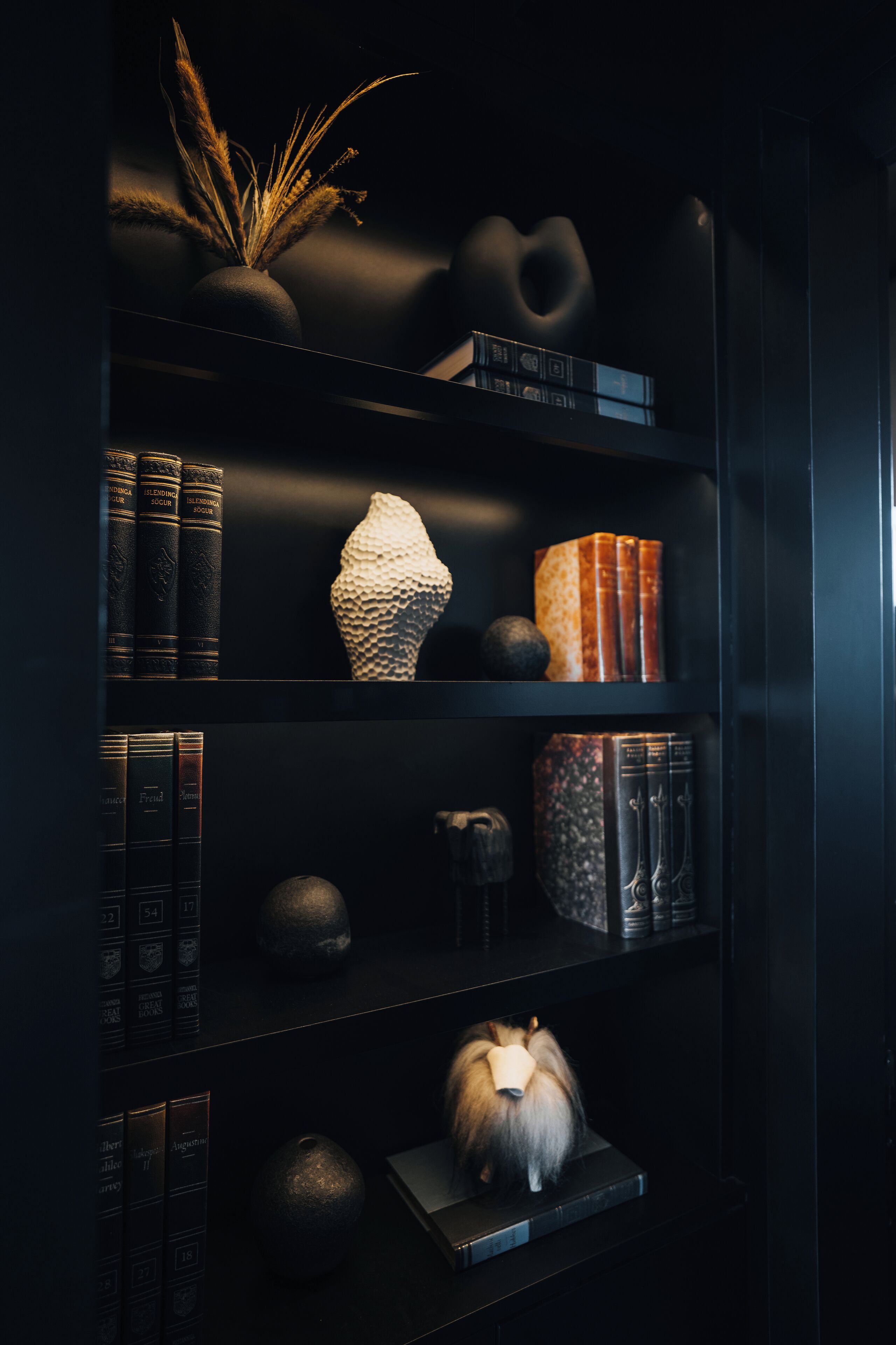 A dark-themed bookshelf with decorative items and books.