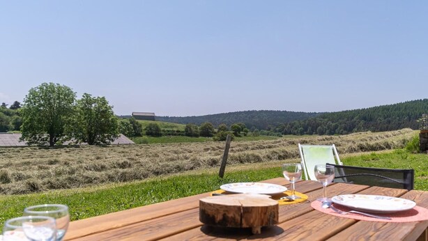 A wooden table set for dining with a view of a rural landscape, including trees and a distant building.