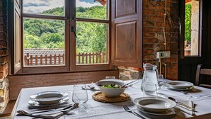 Taula de menjador posta amb plats, coberts i una gerra, amb vista a la verdura a través d'una finestra.