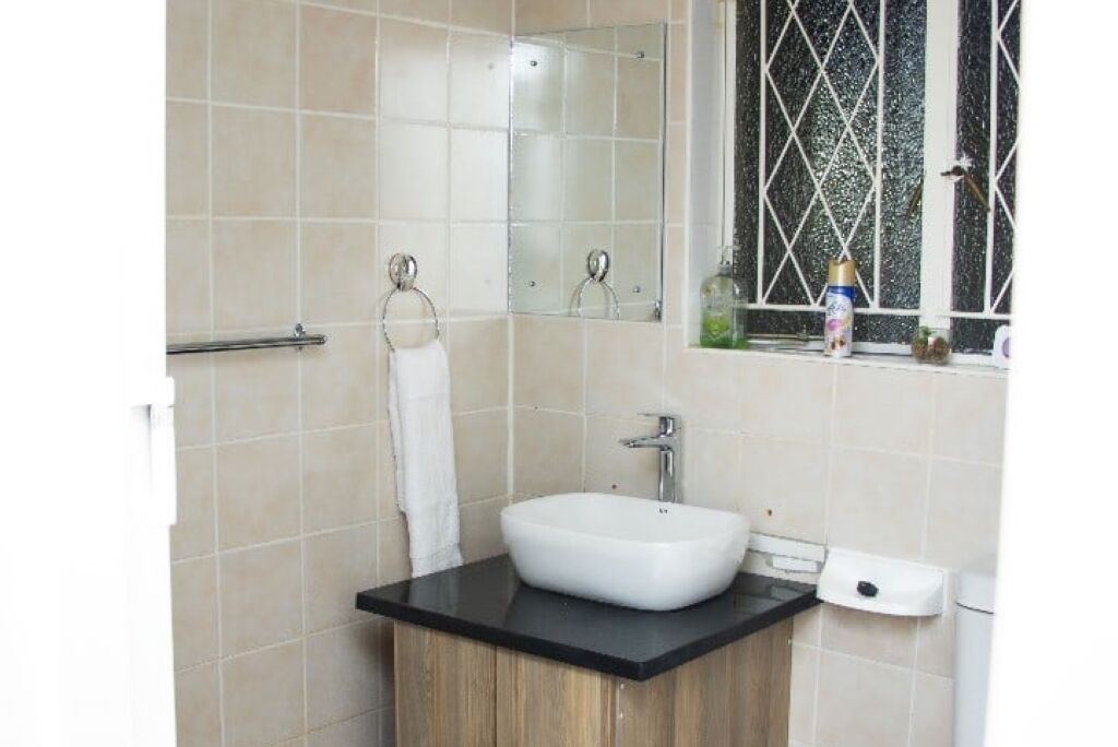 Secadora de cabello, toallas, jabón, papel de baño 