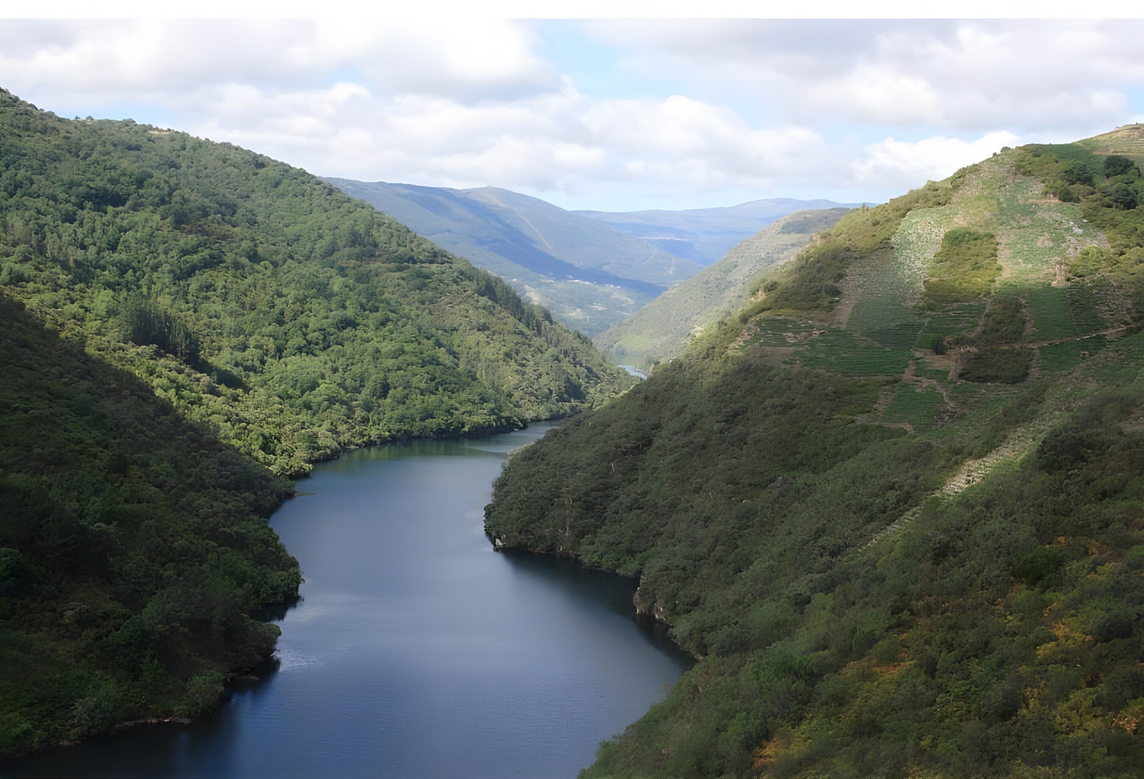 Une vallée traversée par une rivière, entourée de collines boisées.