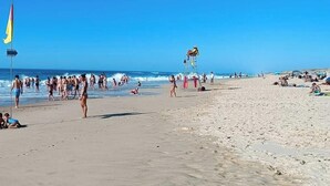 A beach with people, a lifeguard tower, and a flag.