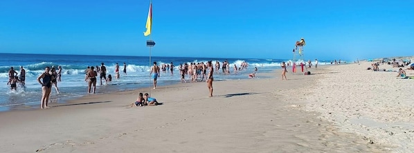 Una playa con gente, una torre de salvavidas y una bandera.