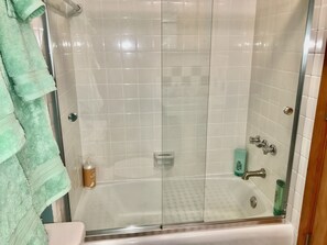 Hair dryer, towels, soap, shampoo
