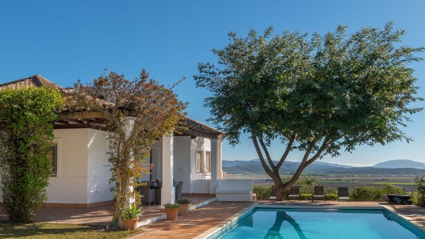 Vista a la piscina de una casa con cielo despejado, un árbol y una cadena montañosa distante.