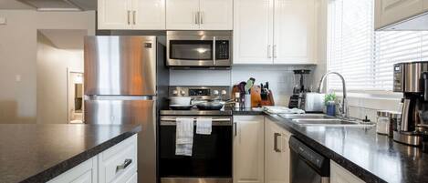 Fridge, microwave, oven, stovetop