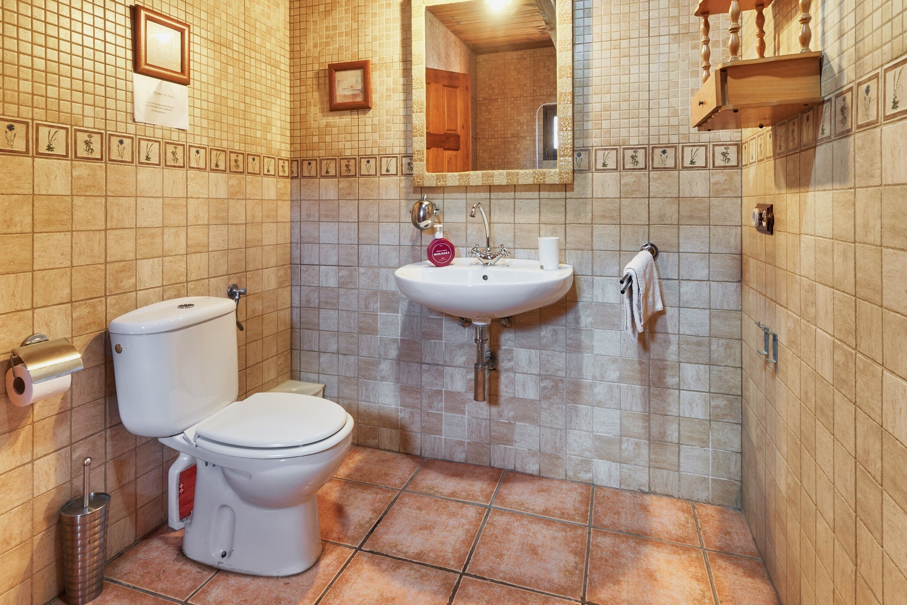 Een badkamer met toilet, wastafel en spiegel.