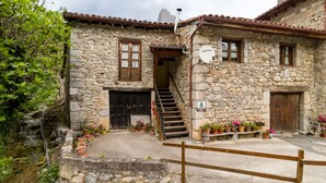Un edificio de piedra con una escalera que lleva a una puerta, plantas en macetas y una valla de madera.