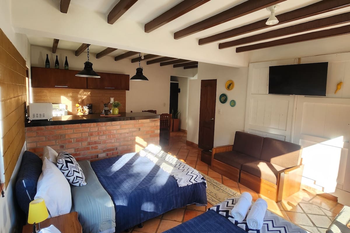 A cozy room with two beds, a sofa, a TV, and a kitchen area.