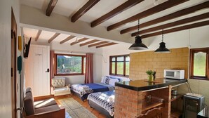 Una habitación acogedora con una cama, un sofá, una mesa de comedor y una zona de cocina con microondas.