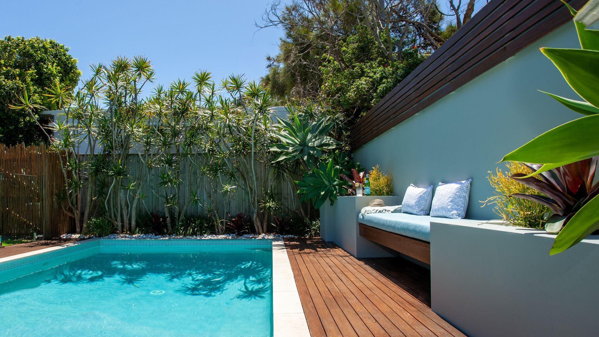 A swimming pool with a wooden deck, surrounded by tropical plants and a wooden fence.