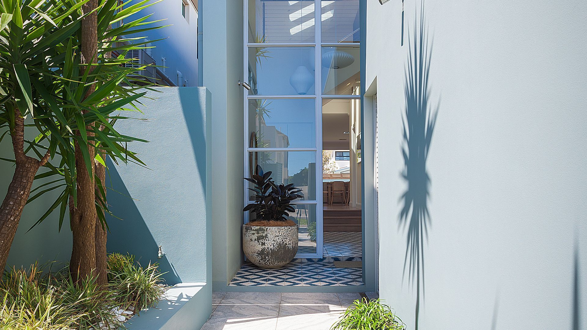 A narrow pathway leading to a building with a glass door, surrounded by greenery and a tiled floor.
