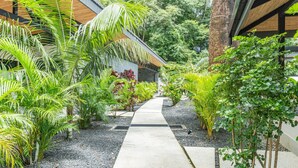 A pathway flanked by lush greenery and a modern building structure.