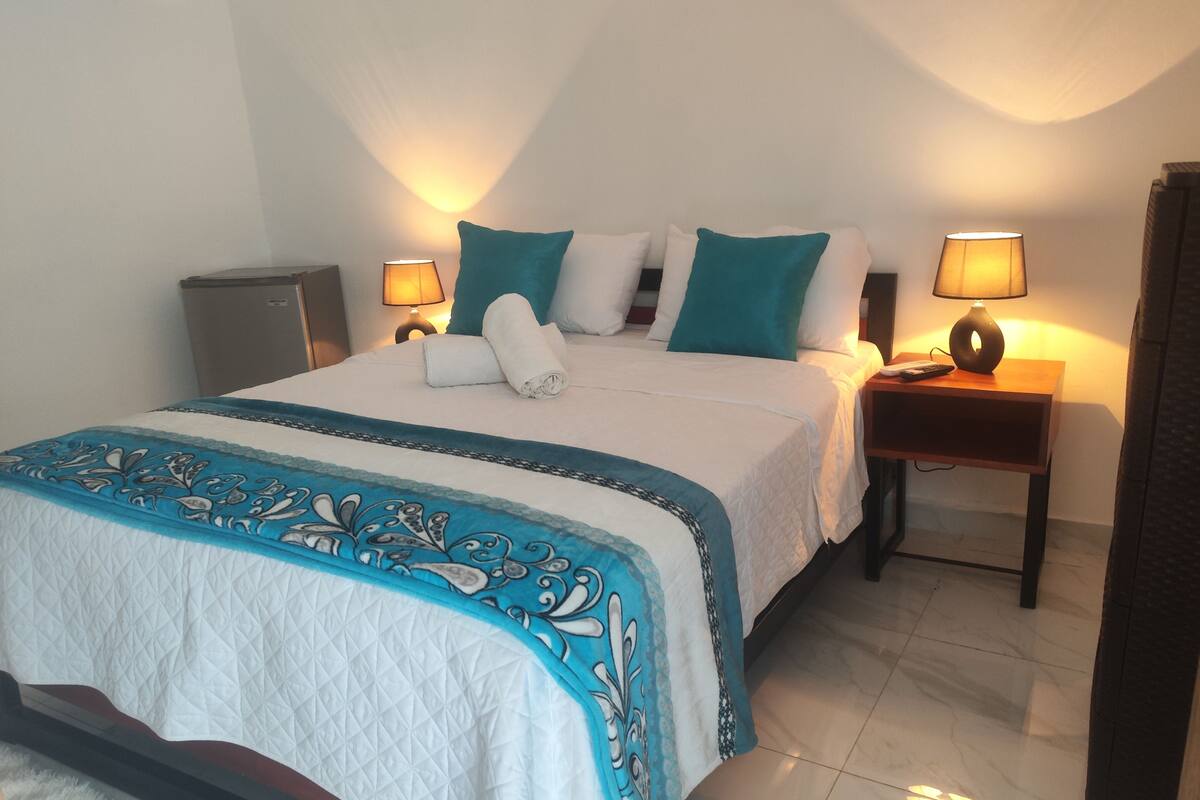 A neatly made bed with a patterned bedspread and pillows, two bedside lamps, a nightstand with a lamp, and a door with a round knob.