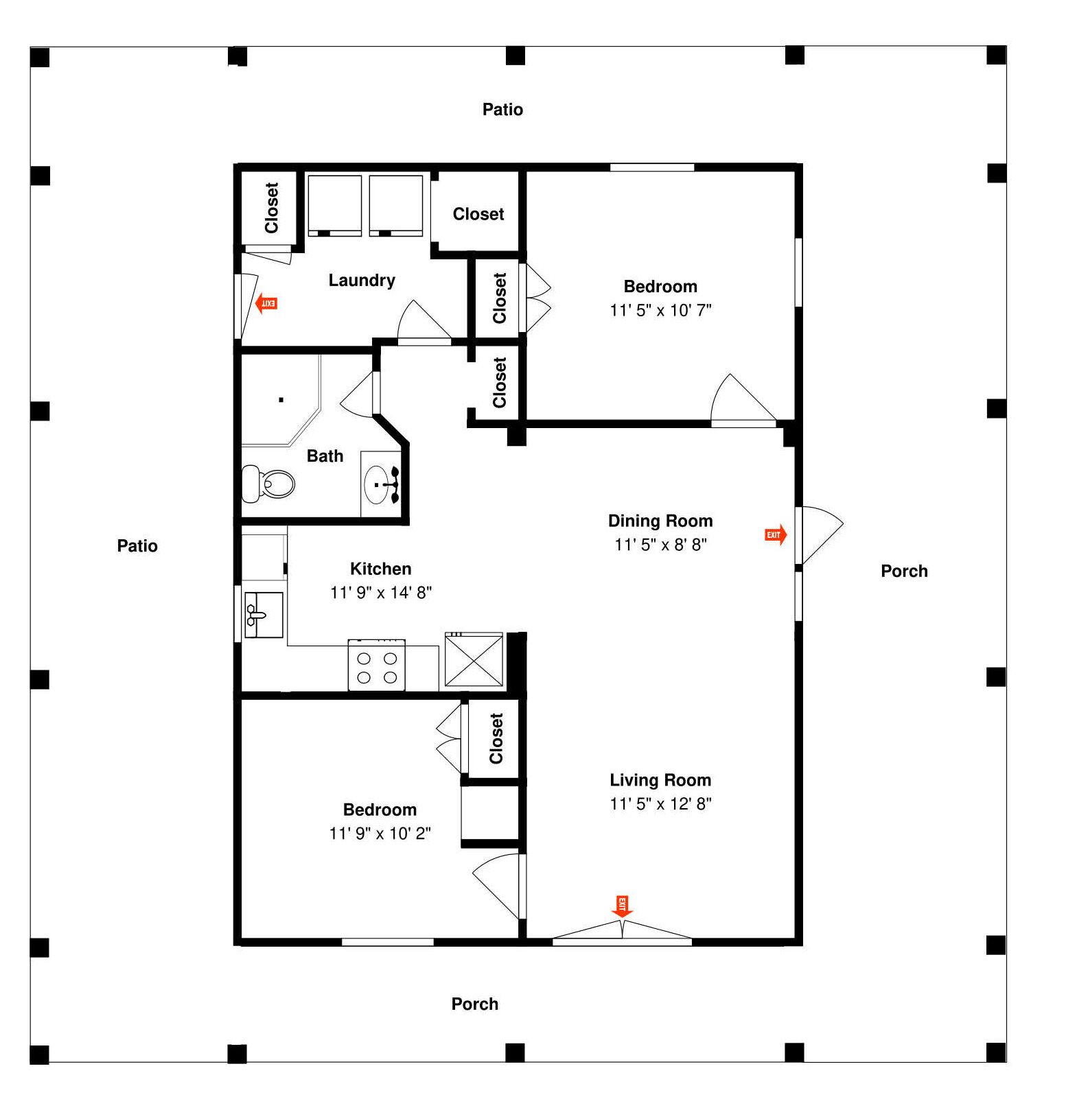 A floor plan of a house with a patio, two bedrooms, a kitchen, a dining room, a bathroom, and a living room.