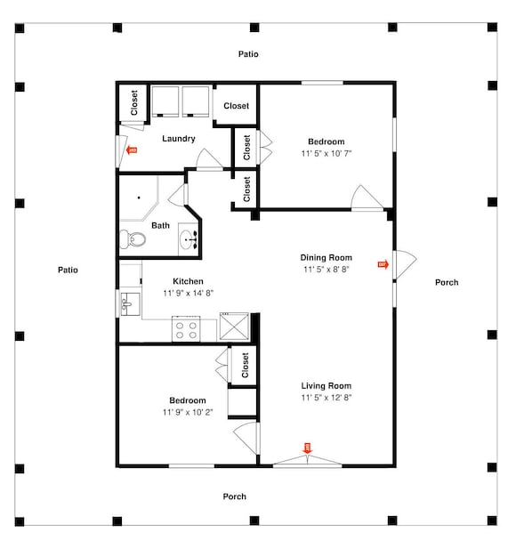 A floor plan of a house with a patio, two bedrooms, a kitchen, a dining room, a bathroom, and a living room. - Coastal Hideaway by Silver Sands Vacation Rentals (Port Aransas)