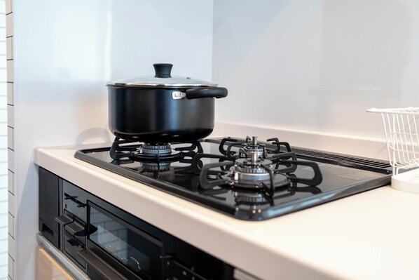 A kitchen with a stove, oven, and a pot on the stove. - ZABO HILLS 203 (Sapporo)