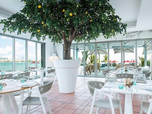 A restaurant with a large artificial tree, white furniture, and a view of the sea. - Upscale 1 BR with beach access on Palm Jumeirah (Dubai)