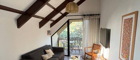 TV connectée, cheminée, table de tennis de table, livres