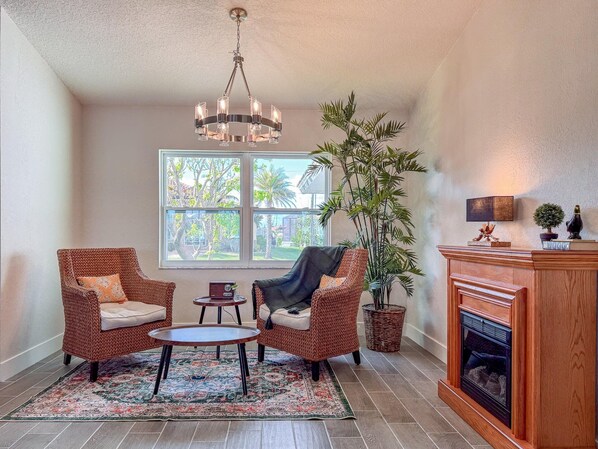 Smart TV, fireplace, books