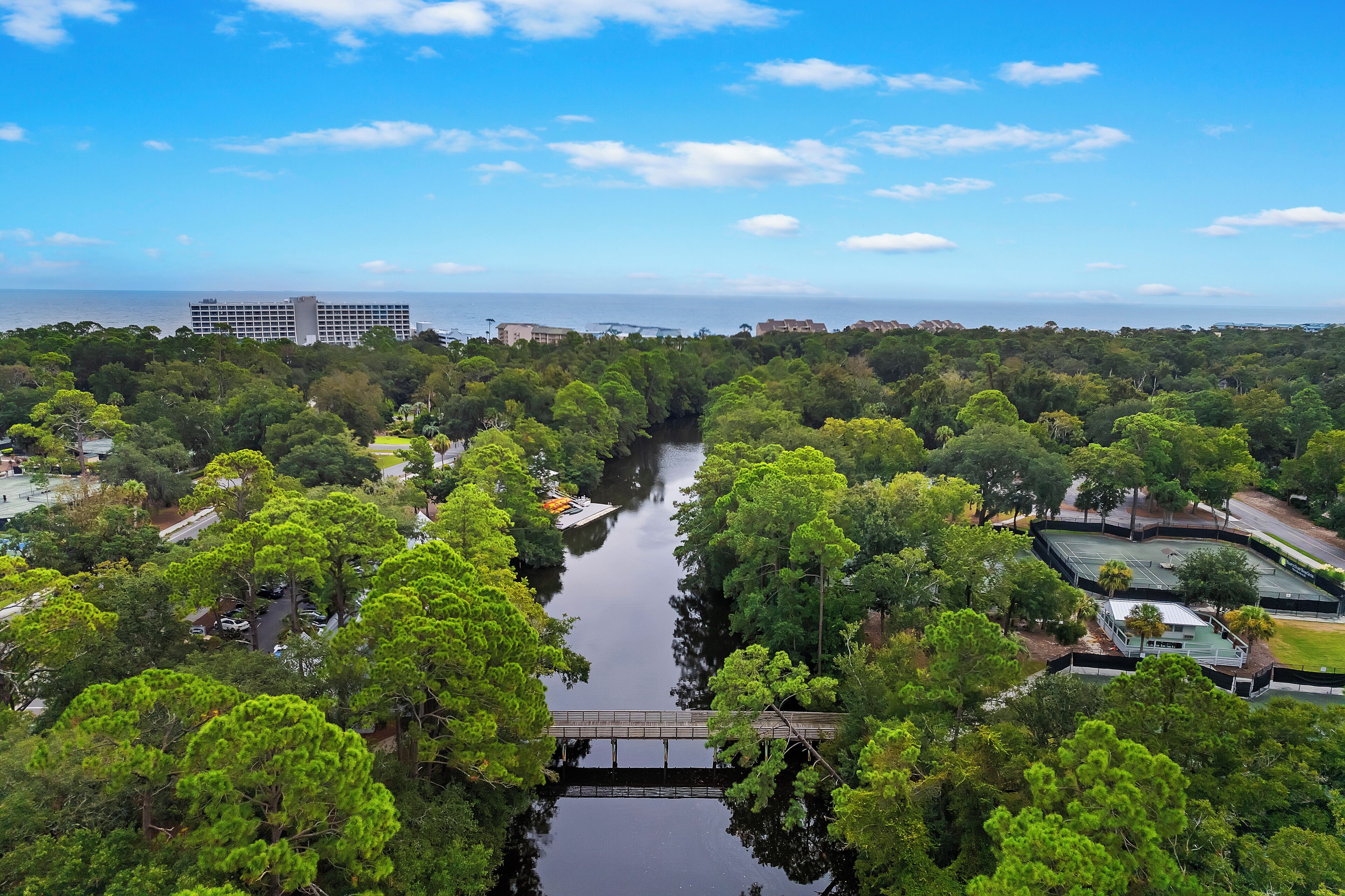 Un río atraviesa un parque con un puente, rodeado de árboles verdes frondosos y edificios al fondo.