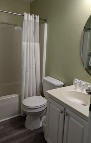 Hair dryer, towels, soap, shampoo